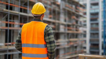 Engineer wearing safety vest and helmet inspecting construction site with clipboard.
