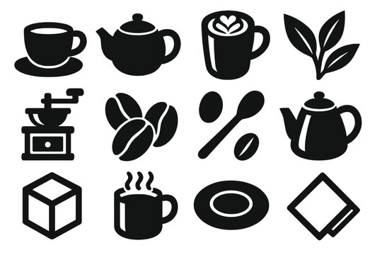 Brutalist Beverage Icons. Tea & Coffee Houses bold vector icon set: espresso cup, teapot, latte art, tea leaves, grinder, coffee beans, spoon, kettle, sugar cube, mug with steam,