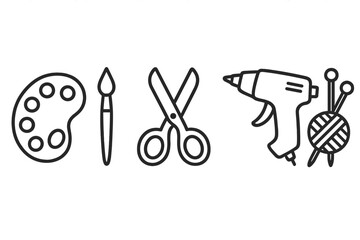 Line icons set of crafting and hobby tools: palette, brush, scissors, glue gun, and yarn