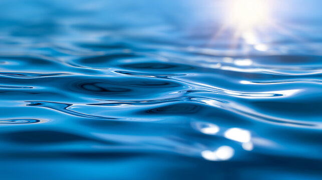 Close-up of blue water surface with sunlight reflections and soft ripples.  

