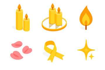Obraz premium Candlelight Icon Set. Refined Candlelight modern flat icon set: tall candles, mirrored tray, flower petals, ribbon, sparkle, flame.