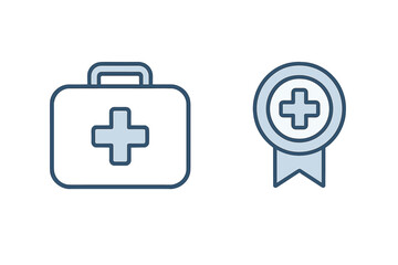 Medical first aid kit and healthcare award ribbon icons collection