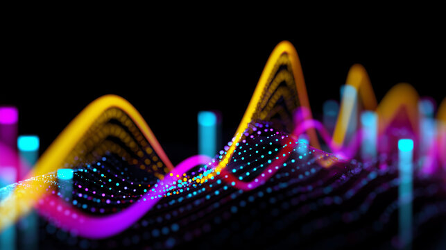 Colorful financial graph with neon lines on dark background representing data analysis.
