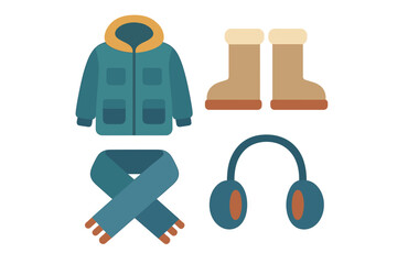 Set of warm winter clothing accessories icons including parka, boots, scarf, and earmuffs