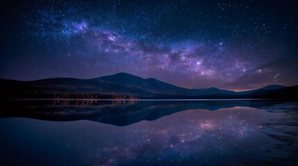 Obraz premium Milky Way galaxy arching over a tranquil mountain lake, reflecting brilliant stars and cosmic light at night
