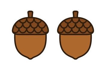 Two stylized brown acorns with textured caps isolated on white background