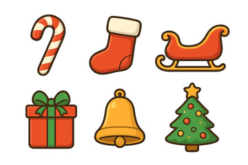 Six colorful Christmas holiday icons including candy cane stocking and tree