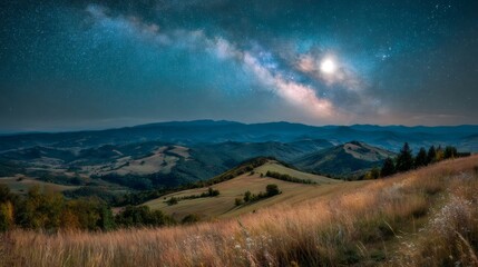 Milky Way galaxy shining brightly over a vast mountain landscape at night, showcasing nature and the universe