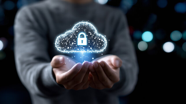 Person holding glowing digital cloud with lock icon symbolizing cybersecurity.
