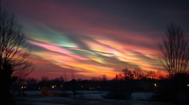 Nacreous polar stratospheric clouds forming iridescent colors during a winter sunset over a bare landscape