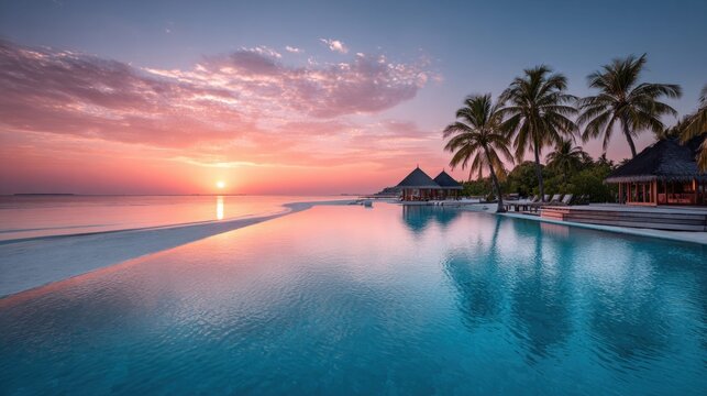 Stunning sunset over a tropical infinity pool with palm trees and beach