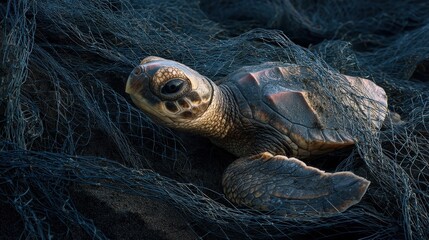 Sea turtle in a net: ocean pollution, ecological threat, and wildlife protection