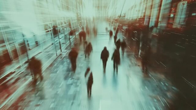 Dynamic motion blur of diverse people walking in a busy urban environment, conveying speed, urgency, and modern city life energy.