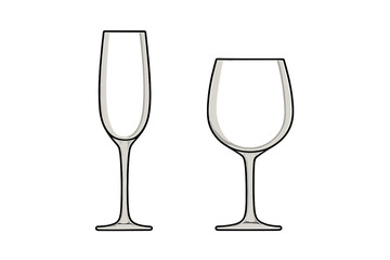 Outline of Champagne Flute and Wine Glass for Beverage Concepts