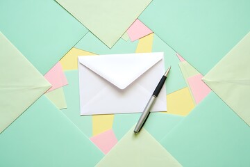 White envelope and pen on a colorful background of envelopes