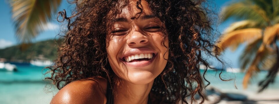 Radiant woman on a tropical beach: smile, curly hair, and sunshine - Powered by Adobe