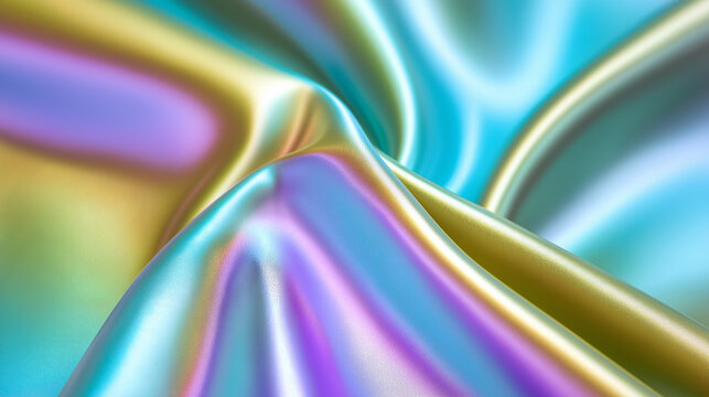 Holographic silk fabric with iridescent pastel colors and smooth flowing folds.  
