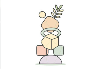 Geometric shape stack with botanical accent and soft pastel color palette