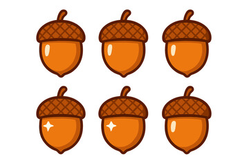 Set of six stylized orange and brown acorn icons with glossy highlights