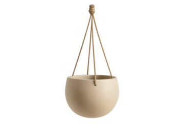 Empty ceramic beige hanging planter pot with rope