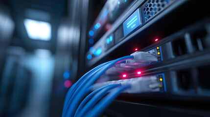 Close up of network cables and glowing lights in data center server room.
