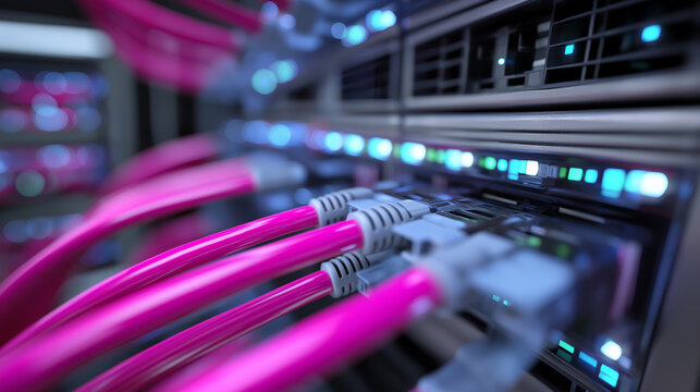 Close up of network cables and glowing lights in data center server room.
