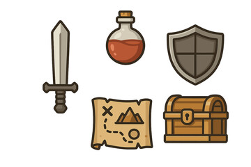 Fantasy game adventure icons set with sword potion shield map and treasure chest