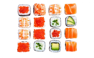 A display of assorted sushi rolls arranged neatly in a grid pattern. various ingredients like salmon. shrimp. and roe. ideal for culinary promotions or food blogs