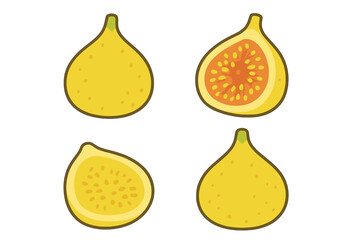Yellow fig fruit icons whole and halved stylized shapes