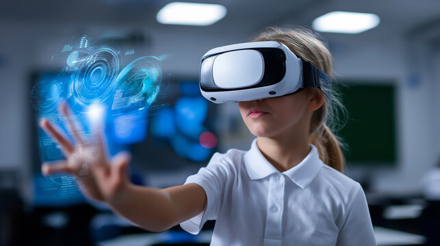 Young girl wearing virtual reality headset interacting with digital holographic interface.  
