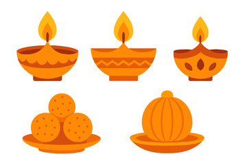 Traditional Indian Diwali lamps and sweets icons set
