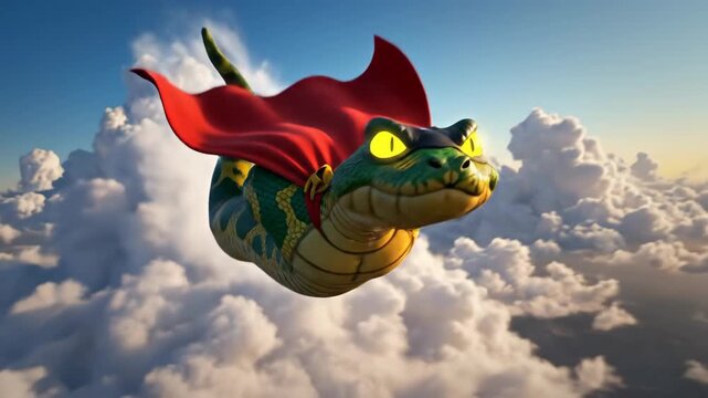 Animated reptile with superhero cape soaring above clouds
