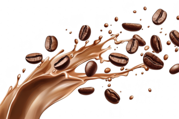 A dynamic splash of rich coffee cascading with roasted coffee beans flying through the air. creating an energetic scene that captures the essence of coffee culture and its invigorating qualities