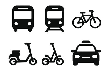 Simple black and white icons for various transportation and vehicle types