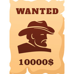 Wanted Poster With Cowboy Silhouette And Reward Amount On Frayed Paper Texture In A Western Style