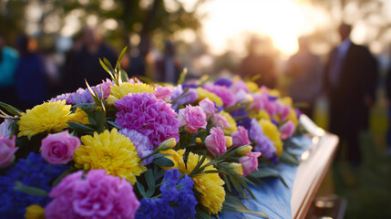 Coffin with colorful flower arrangement during outdoor funeral ceremony at sunset.  
