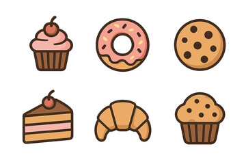 Assortment of sweet baked goods icons featuring cupcake, donut, cookie, and pastry shapes