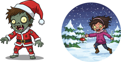 Funny cartoon zombie boy in Santa costume and scared girl running in snowy forest, winter Christmas holiday illustration.