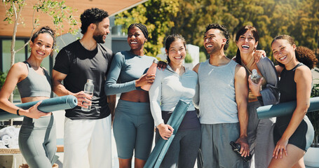 Fitness, portrait or people in resort for yoga class, ready or physical activity in body wellness....