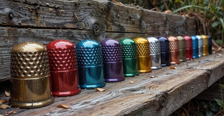 colorful thimbles lined up on a rustic wooden log in autumn, crafting supplies, vibrant colors, macro shot.