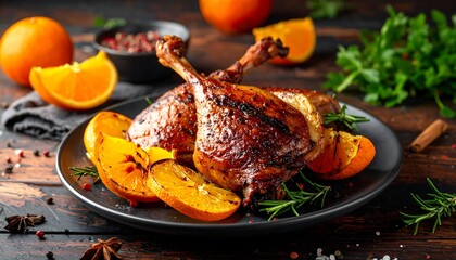 Roasted Duck Legs with Orange Slices and Rosemary.