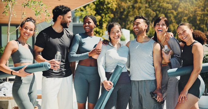 Fitness, portrait or people in resort for yoga class, ready or physical activity in body wellness. Pilates, happy or team outdoor with equipment, preparation together or motivation for group session.