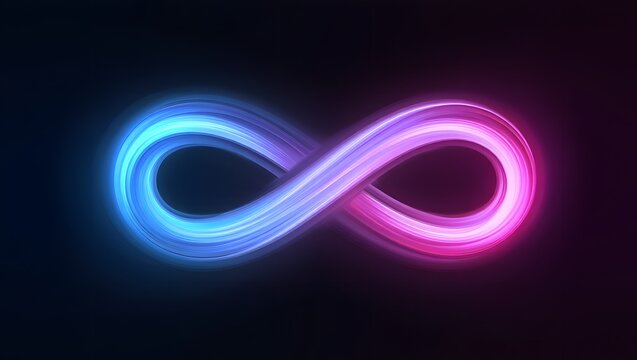 Infinity symbol with blue and pink neon glow on a dark background for endless possibilities