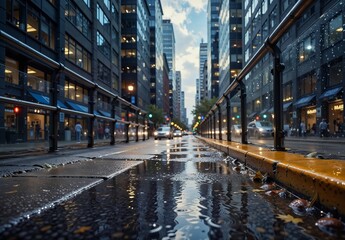 wet city street reflecting skyscrapers after rain with blurred traffic and storefronts.