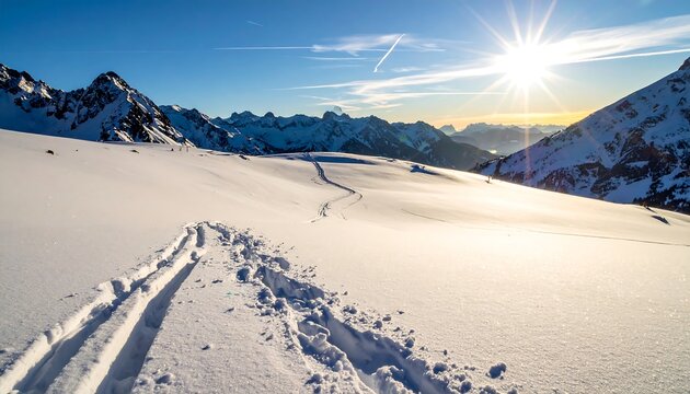 Ski tracks on snowy mountain under bright sunlight.