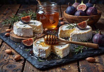 rustic cheese platter with figs, honey, and rosemary on a dark slate board, perfect for gourmet food photography.