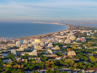 The seaside resort of La Grande Motte, in the Hérault department, in the Occitanie region, France.