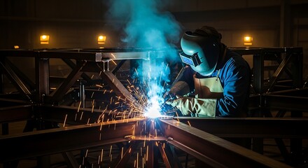 Welder at work with protective gear and sparks flying.