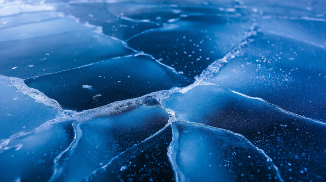 Close-up of cracked frozen ice surface with deep blue tones and natural texture.