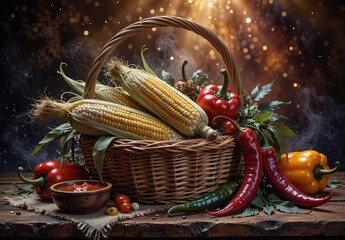 fresh harvest of colorful vegetables in a rustic wicker basket with vibrant tomatoes, peppers, and corn on a wooden table.